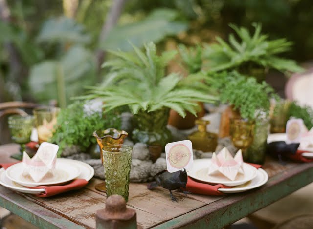 green amber glass fern wedding