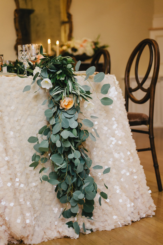 peach chip sequin tablecloth hanging square blush ivory rental