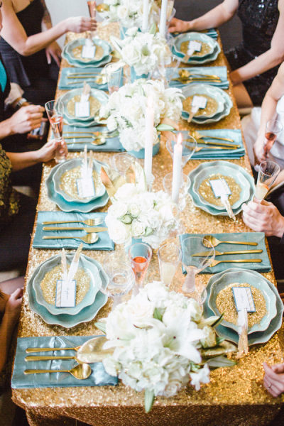 gold glitter sequin turquoise wedding reception new years eve