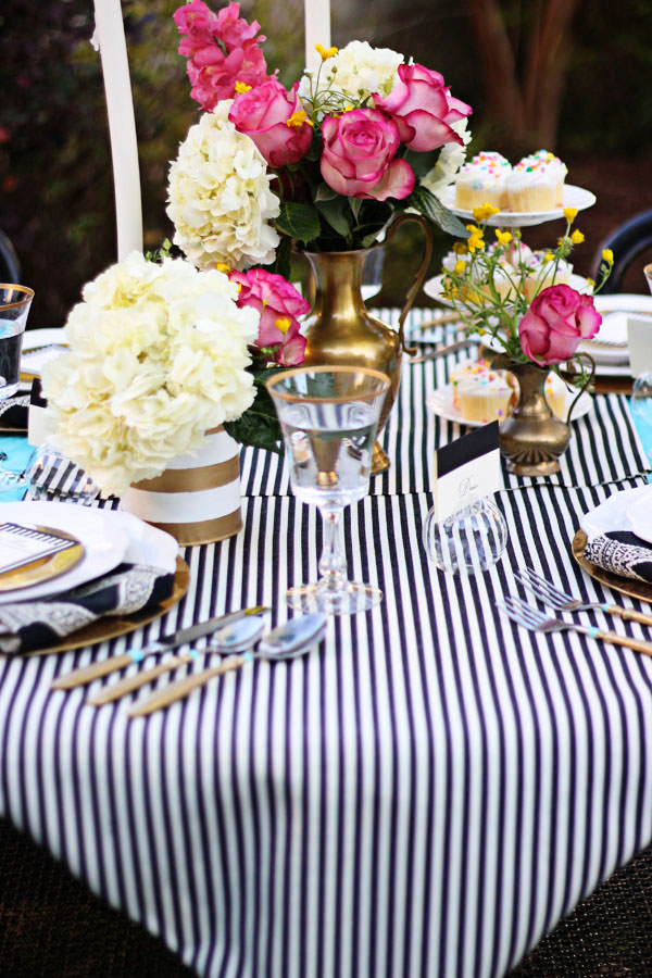 black and white stripe table runner teal pink brass wedding