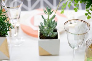 modern geometric vase white gold succulents